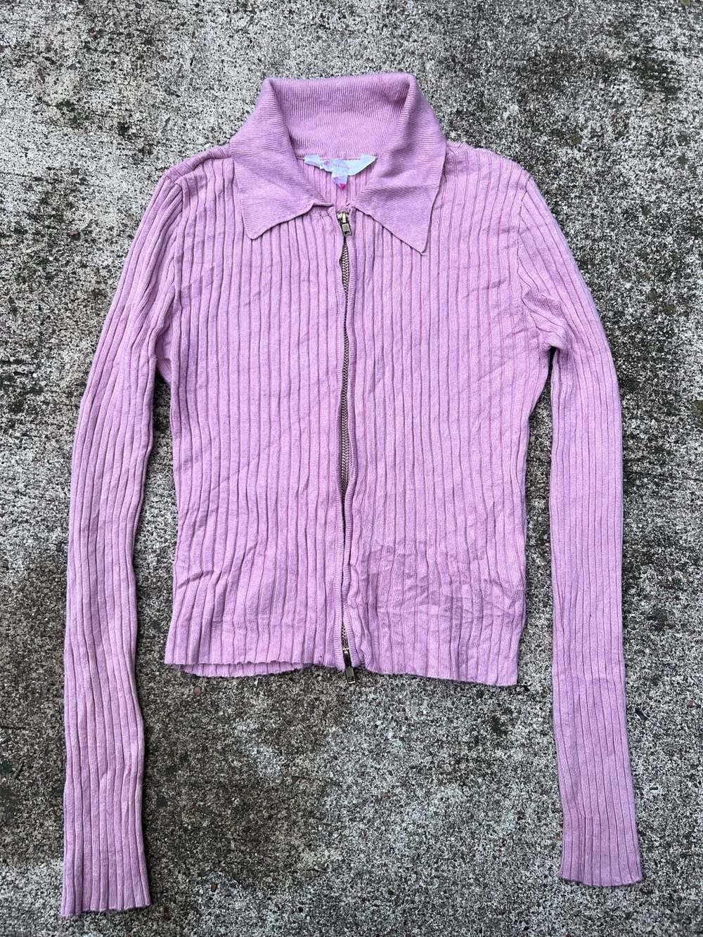 A- No Boundaries Pink Ribbed Long Sleeve Two Way Zip Collared Cardigan - Size S